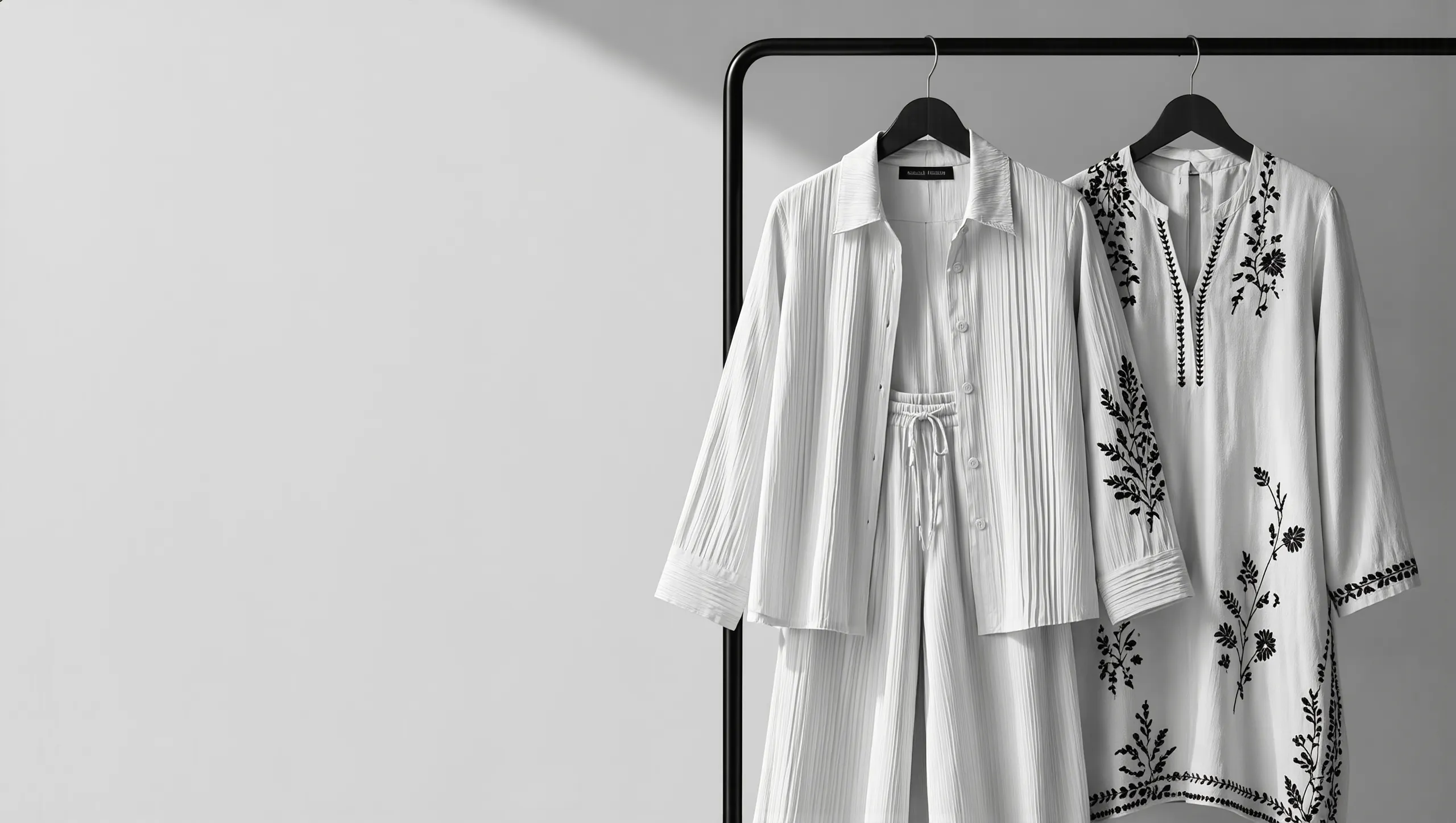 White pintucked co-ord set and black-embroidered white kurta on a garment rail, women's western and ethnic wear by Shanaya Fashion, Gurugram