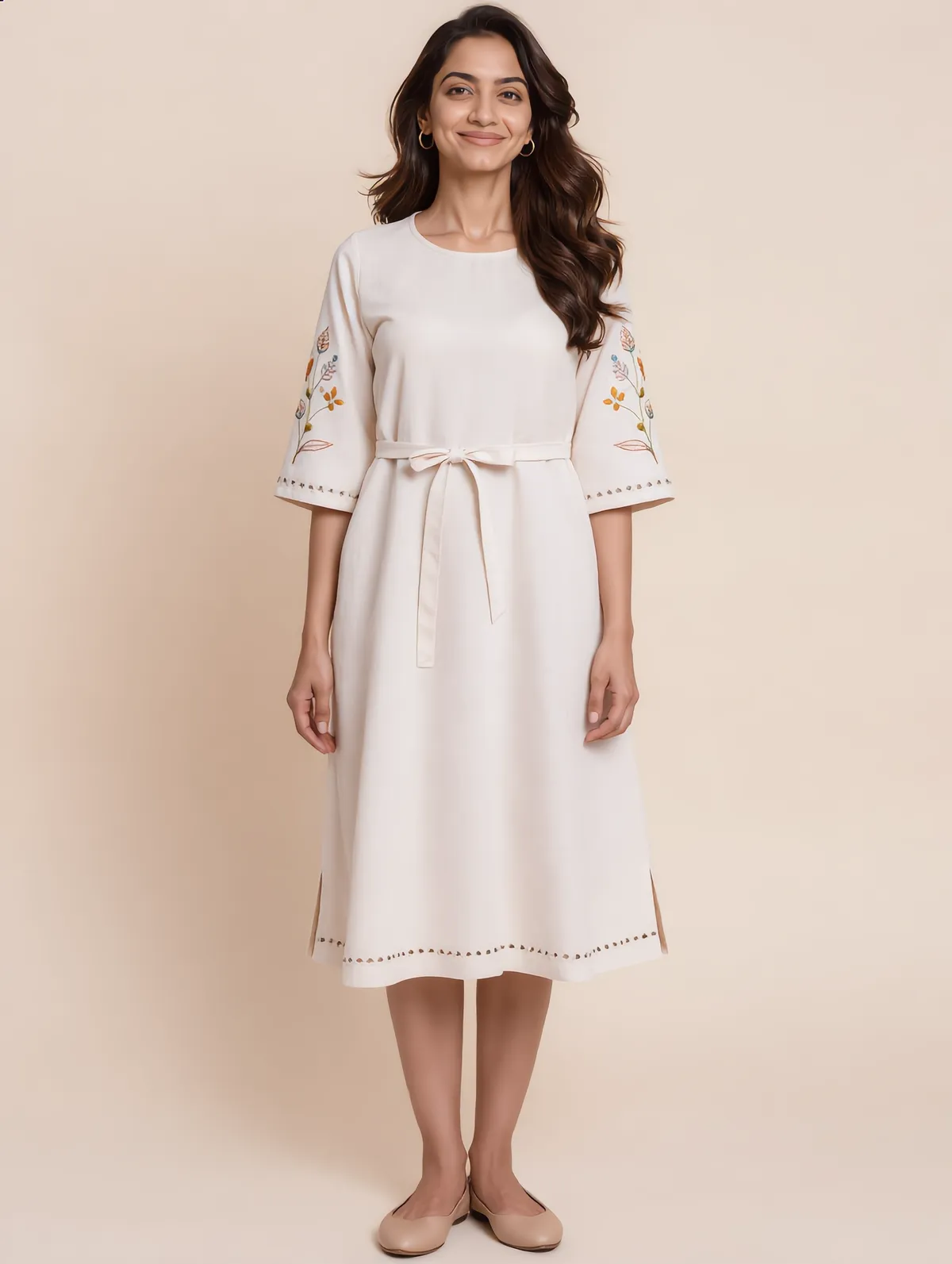 Ivory linen midi dress with tie belt and floral sleeve embroidery