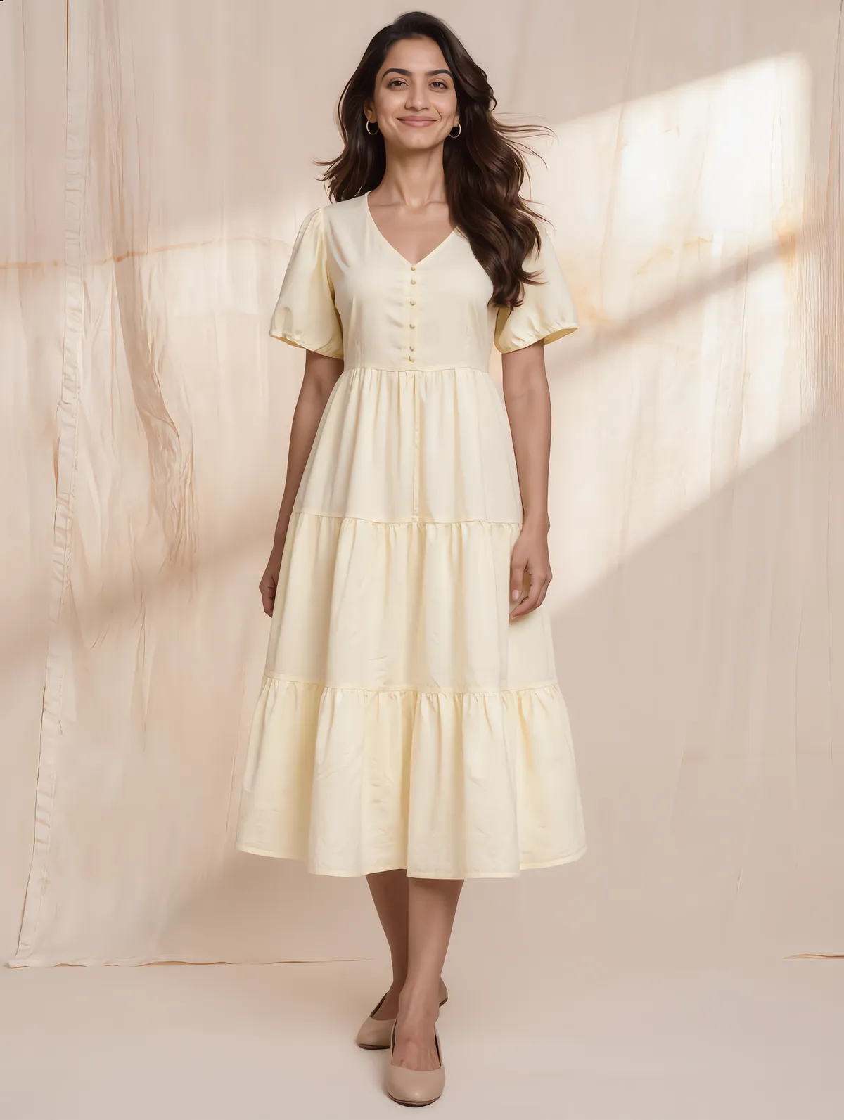 Pale lemon V-neck tiered midi dress with puff sleeves and covered buttons