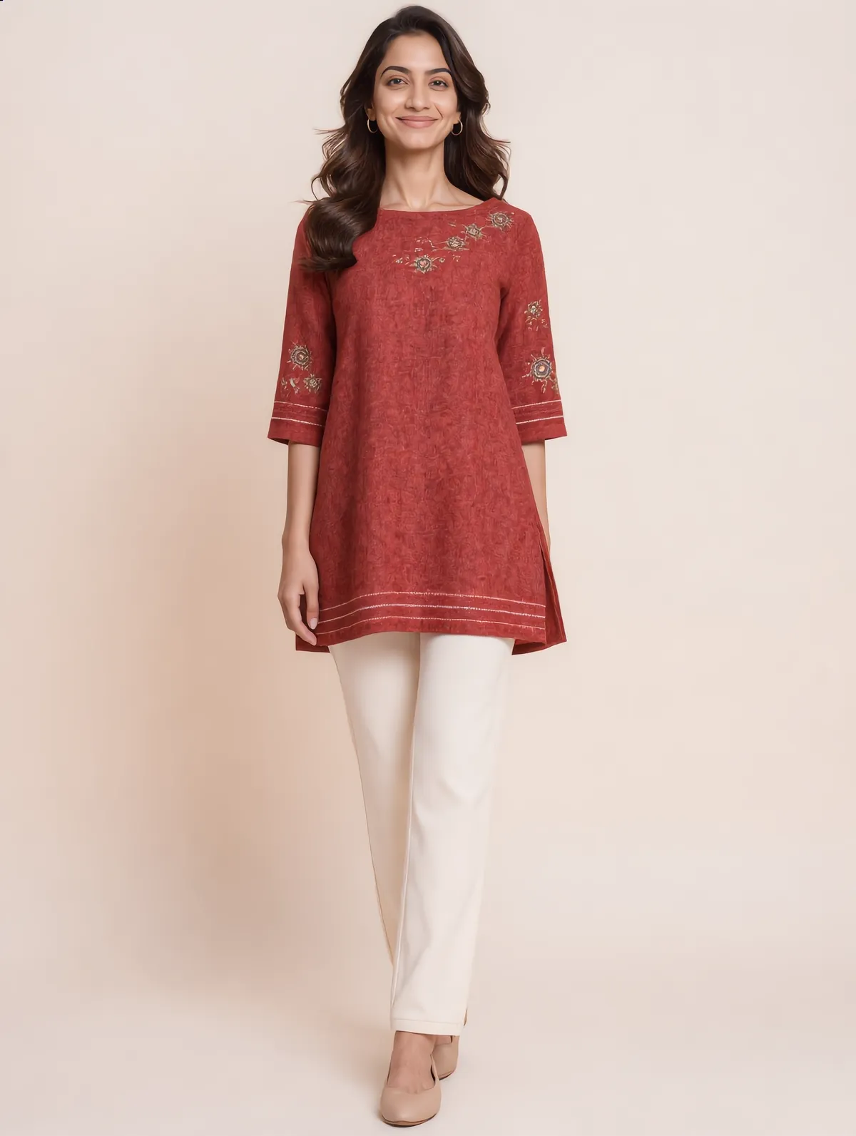 Rust linen boat-neck tunic with mandala embroidery and stitch-stripe hems