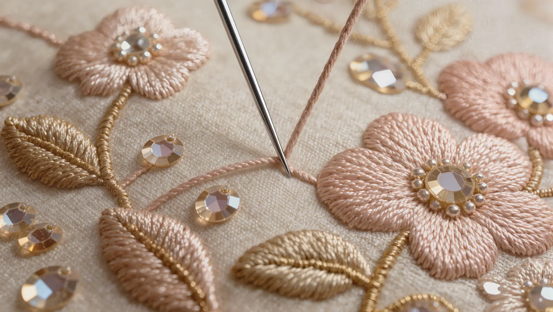 Close-up of floral thread embroidery with sequins on fabric