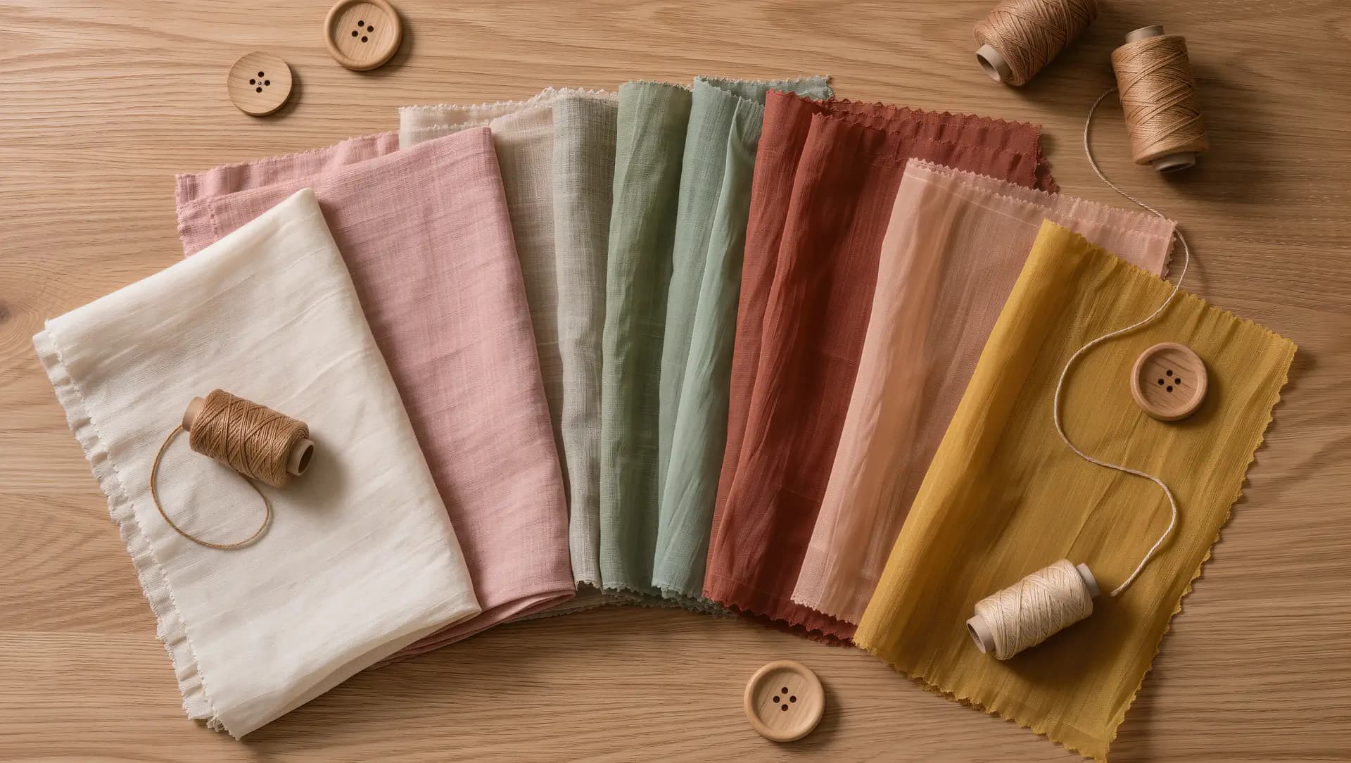 Swatches of woven fabrics in ivory, blush, sage, terracotta and mustard